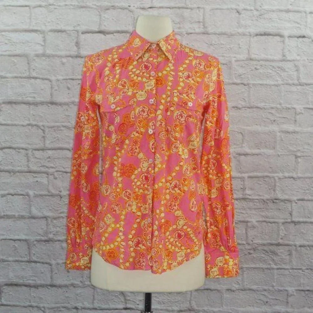 Lilly Pulitzer Pink Orange Print Button Down Top - Picture 1 of 8